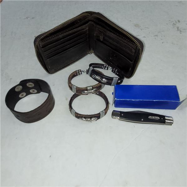 Leather Lot - Wallet, Mens Bracelets, Pocket Knife