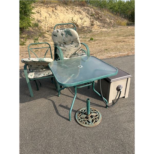 Glass Patio Table, 2 Chairs, Umbrella Base