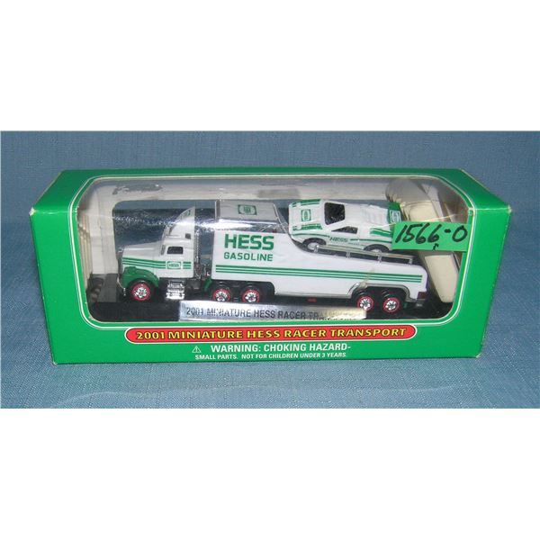 Vintage miniature Hess race car and transport truck