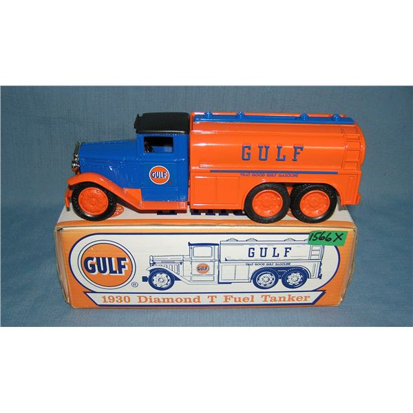 Vintage Gulf cast metal avertising truck bank with original box