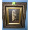 Antique oil on canvas painting stick fetching poodle on hind legs