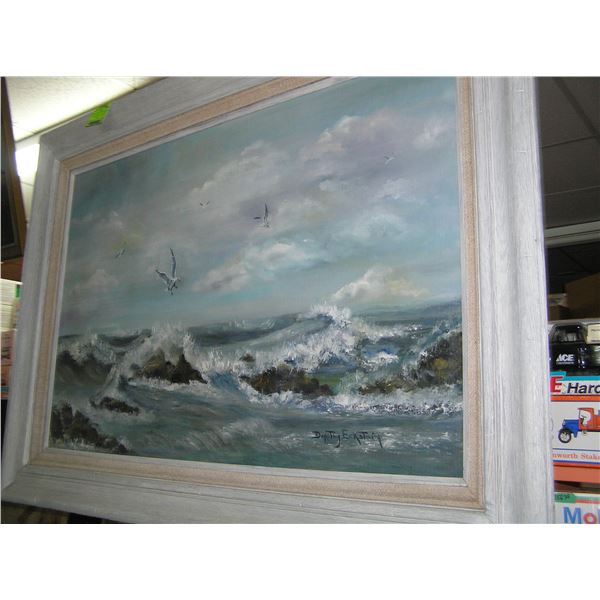 Ocean scene with crashing waves and seagulls