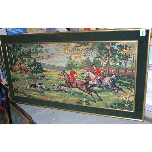 Vintage framed needlepoint fox hunt nwall tapestry