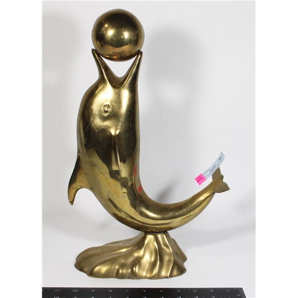 VINTAGE 17 INCH TALL BRASS DOLPHIN PLAYING