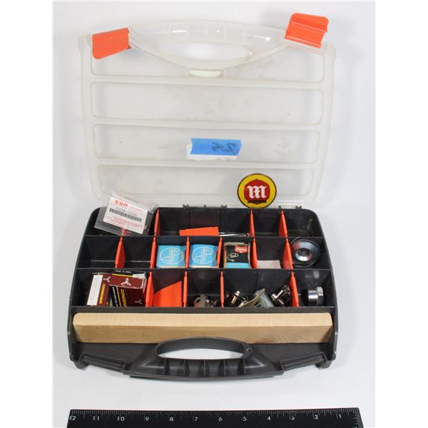 ORGANIZER FULL OF MISC. MOTORCYCLE PARTS