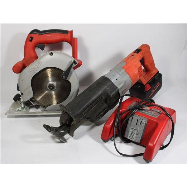 MILWAUKEE SAWZALL, SKILL SAW, CHARGER AND 1