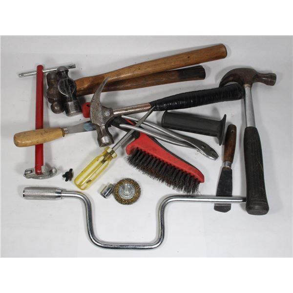 LOT OF MISC. TOOLS HAMMERS AND MORE
