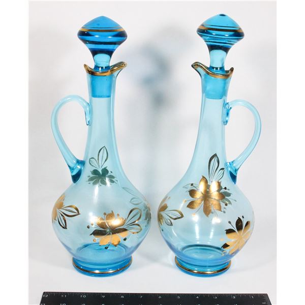 VINTAGE BLUE ART DECANTER GOLD FLOWERS