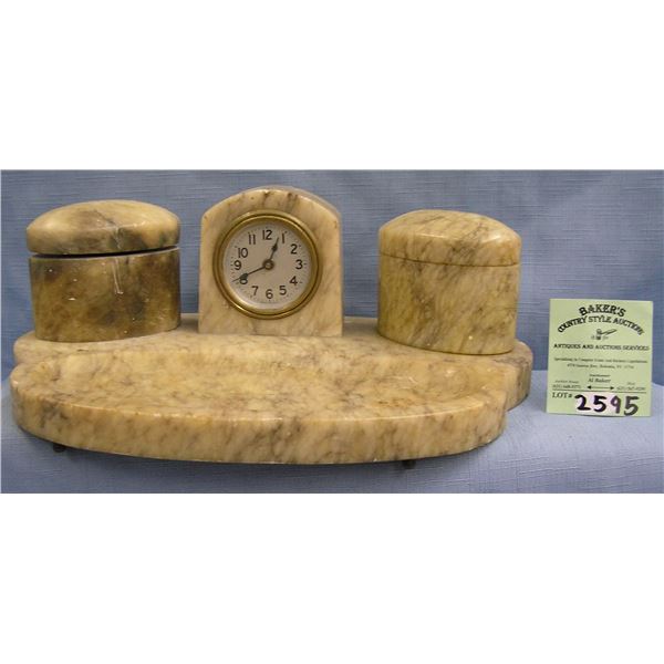 Antique marble clock and ink well desk set