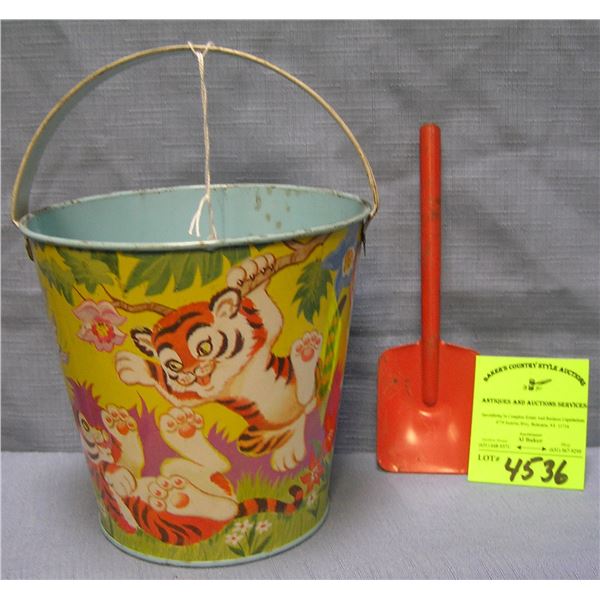 Vintage all tin childs sand pail and shovel set