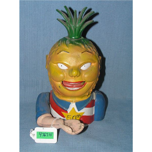 Cast iron Penny Pineapple mechanical bank celebrating Hawaii