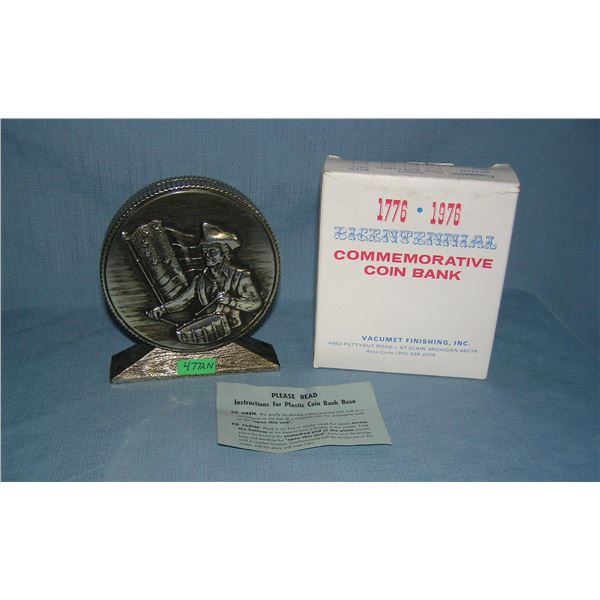Bicentennial silver color hard plastic coin bank with original box