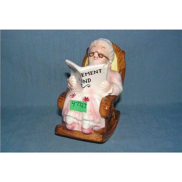 Porcelain Grandma in rocking chair retirement fund bank