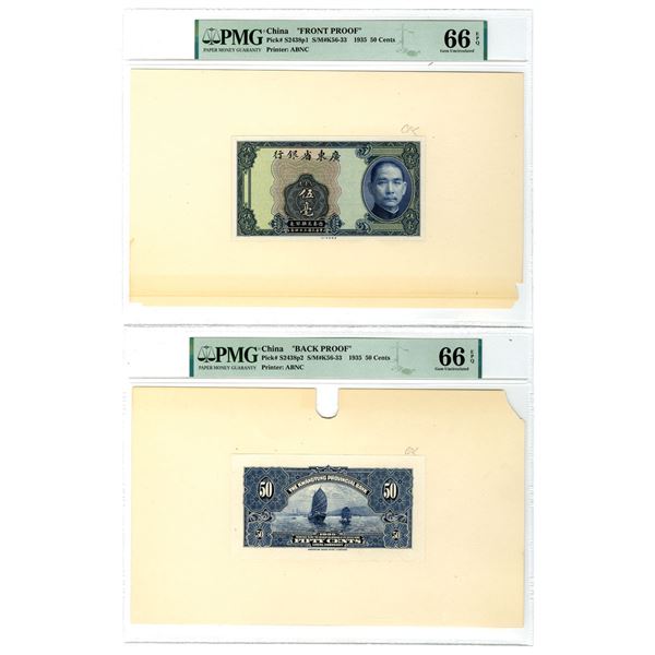 China. Kwangtung Provincial Bank, 1935, 50 Cents Front and Back Proof Pair