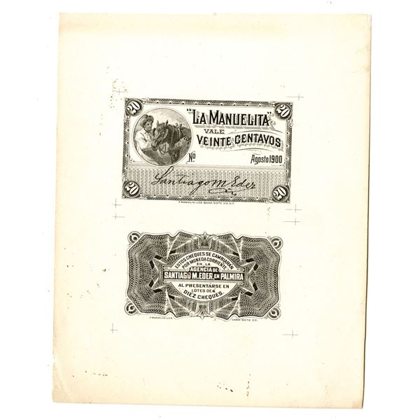 Colombia. Hacienda de la Manuelita, 1900, Front and Back Proof of this Rare Sugar Company Scrip Note