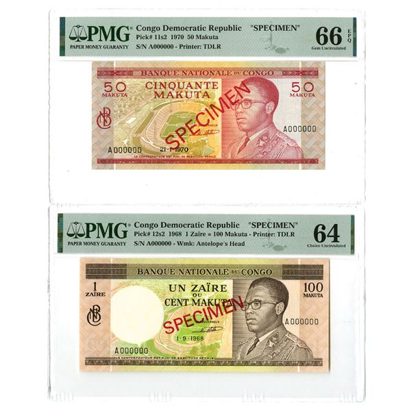 Congo Democratic Republic. National Bank of the Congo, 1968 and 1970, Specimen Banknote Pair.