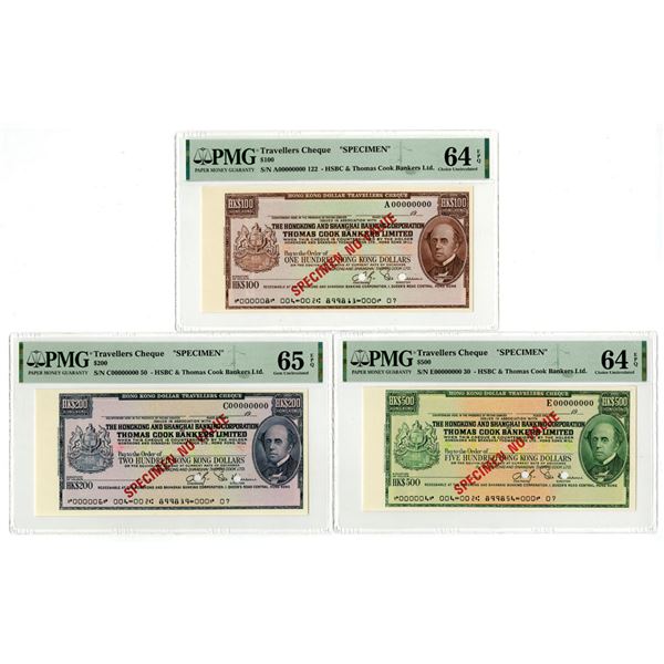 Hong Kong. HSBC and Thomas Cook Bankers Ltd., ND (1950-80s), Specimen Traveler Check Trio