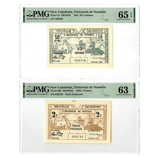 New Caledonia. Tresorerie de Noumea, 1943, Pair of Issued Banknotes.
