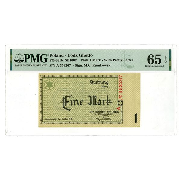 Poland. Lodz Ghetto, 1940, 1 Mark, Concentration Camp Scrip Note.