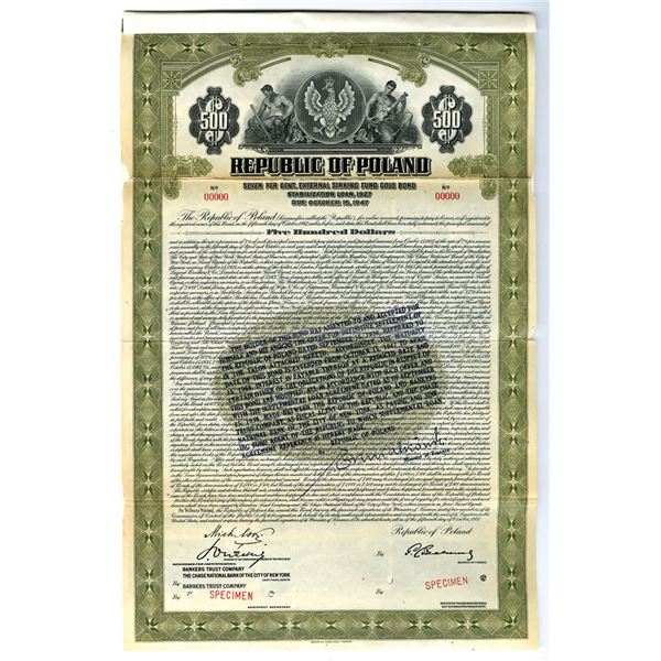 Poland. Republic of Poland, 1927 (Reissued in 1938 with new repayment terms), Specimen Bond.