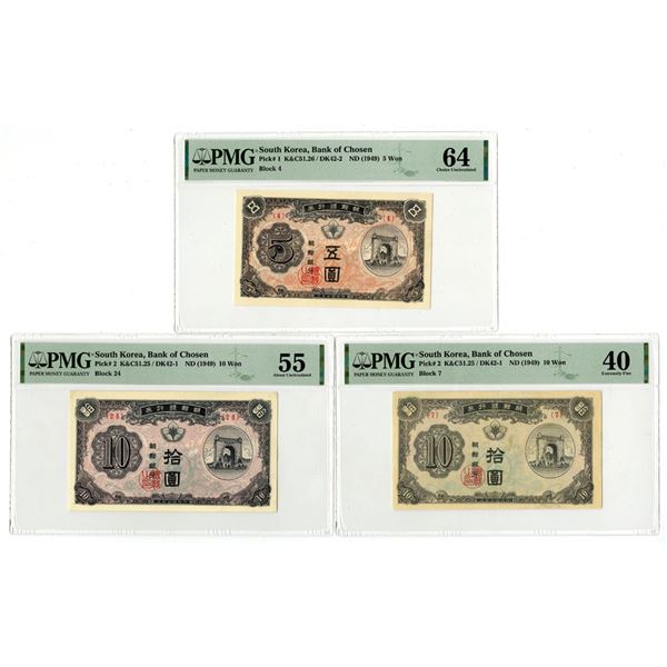 South Korea. Bank of Chosen, ND (1949), Issued Banknote Trio.