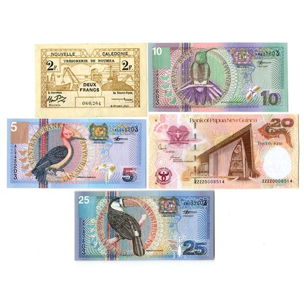 Surinam, New Caledonia, & PNG, 1943 to 2008 Issued Banknote Quintet.