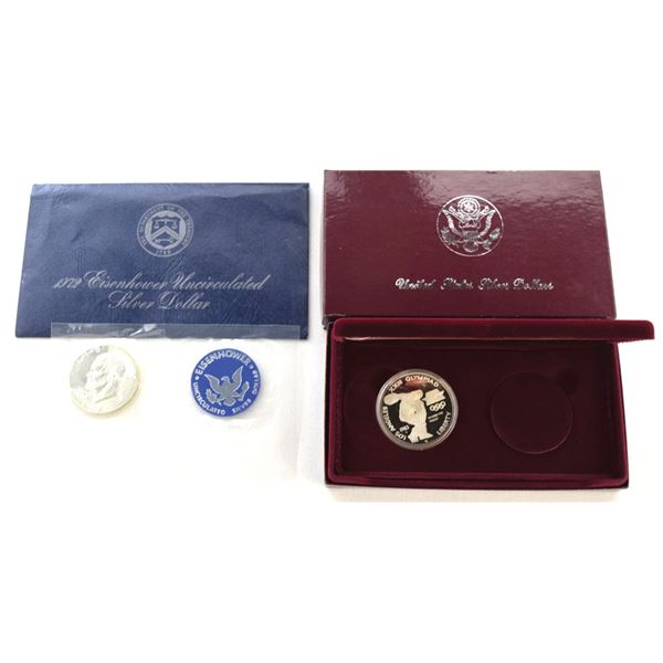 U.S. 1983-S Proof Olympic Silver Dollar & 1972 Eisenhower in Blue Pack.