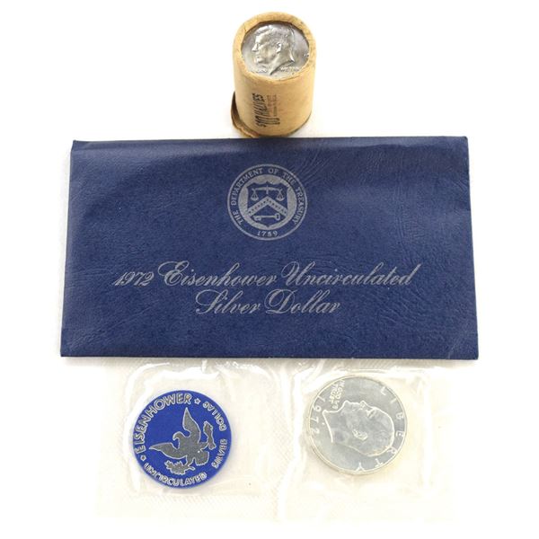 U.S., 1972 Eisenhower Silver Dollar in Blue Pack, and 1972-D Uncirculated Kennedy Half Dollar Roll