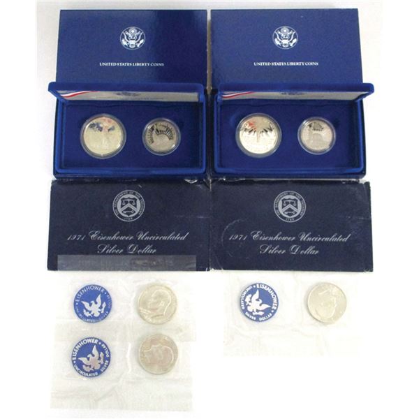 U.S. Silver Eisenhower Dollars and Liberty Coin Sets, 1971 and 1986, in Original Packaging.