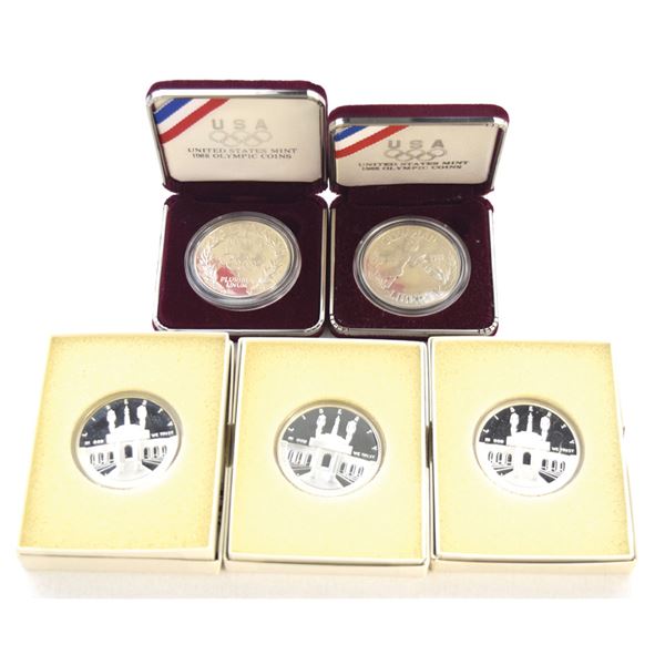 U.S.,1984 (3), and 1988 (2), Proof Olympic Silver Dollar Coin Quintet