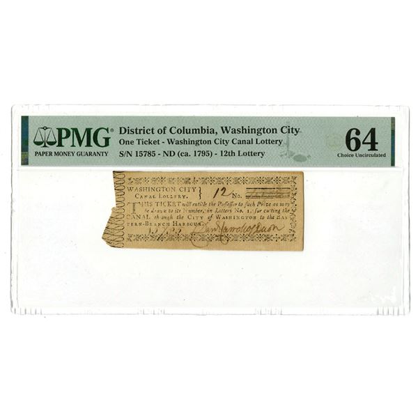 Washington City. Washington City Canal Lottery, ND (ca. 1795), Issued Ticket.