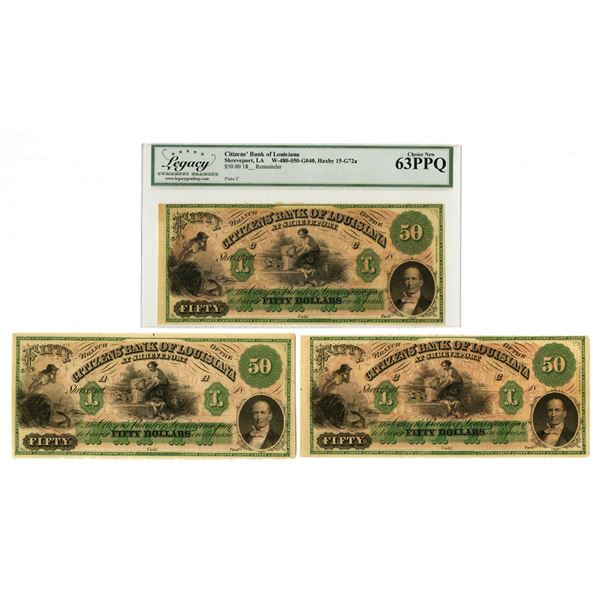LA. Citizen's Bank of Louisiana at Shreveport, 18__ (ca.1850-60s), Remainder Banknote Trio.