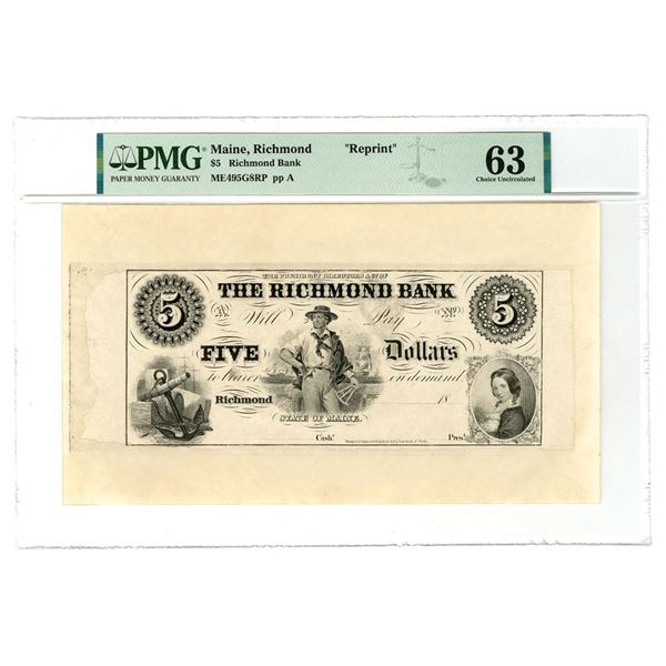 ME. Richmond Bank, ND (1850-60s), SENC $5 Proprietary Proof Obsolete Banknote.