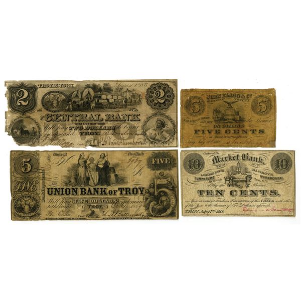 NY. Troy, New York Obsolete Banknote and Scrip note Quartet, 1855-62