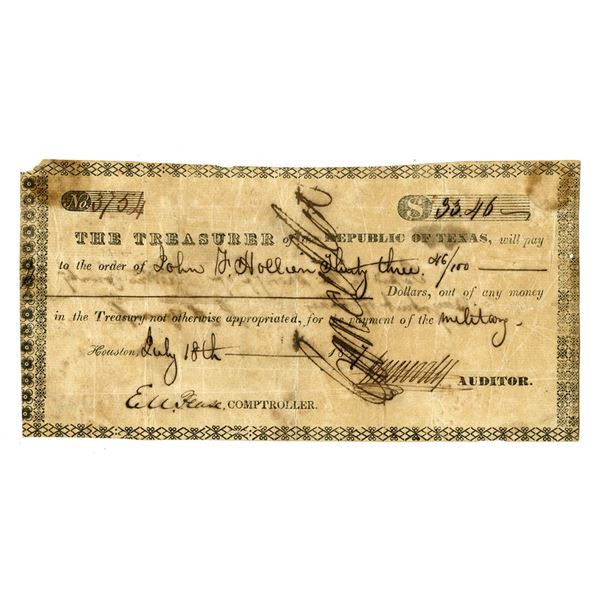 TX. Republic of Texas, 1837, Issued Military Warrant.