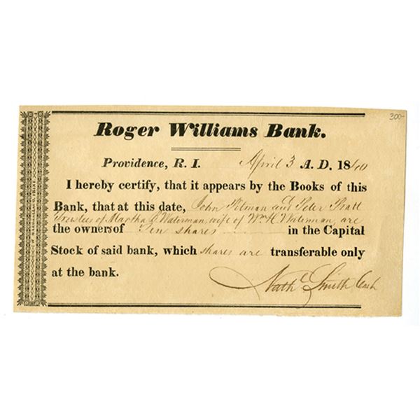 RI. Roger Williams Bank, 1840 I/U Stock Certificate.