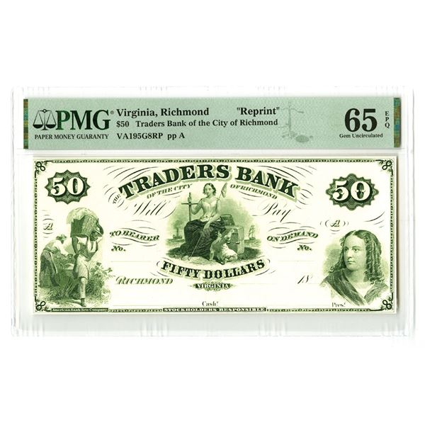 VA. Traders Bank of the City of Richmond, ND (1860s), $50 Proprietary Proof Obsolete Banknote.