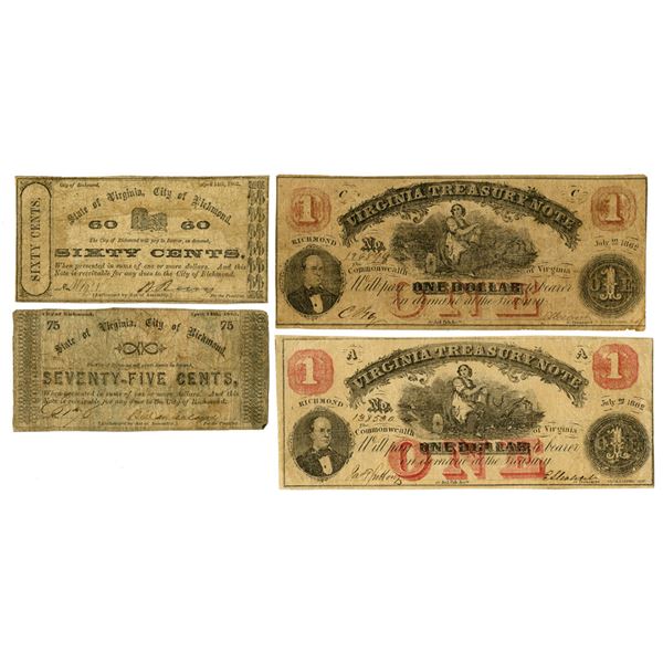 VA., Virginia Treasury and State of Virginia, 1862, Issued Banknote Quartet.