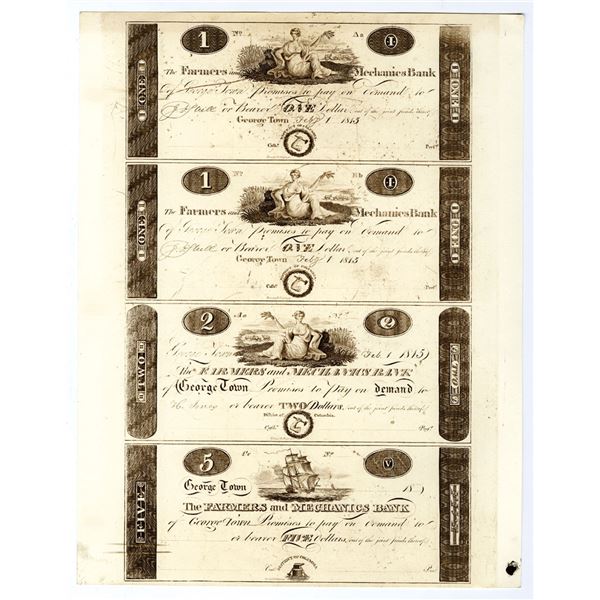 DC. Farmers and Mechanics Bank, 1815, Uncut Sheet of 4 Obsolete Banknotes
