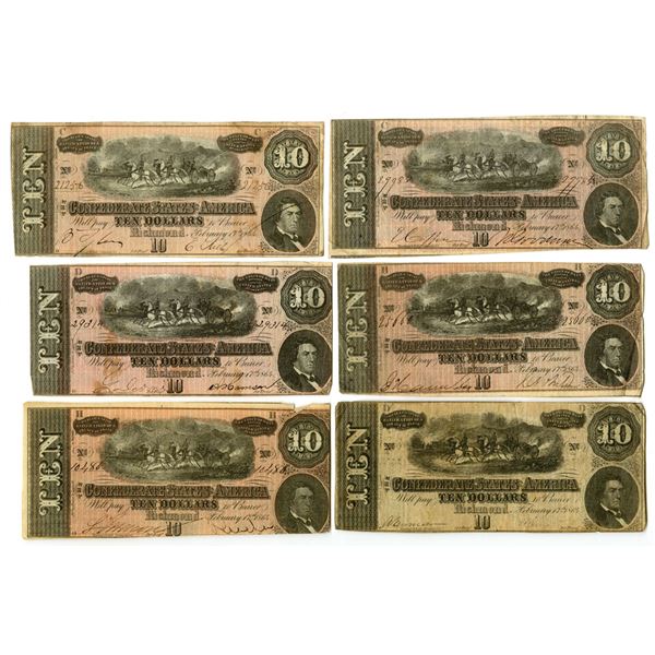 VA. C.S.A., $10, T-68, February 17, 1864, Group of 6 Issued Banknotes.
