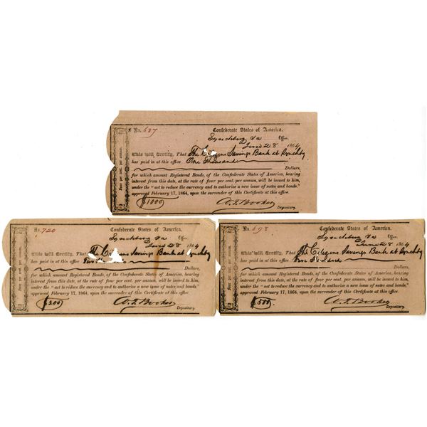 VA. C.S.A., 1864, I/C Bond Receipts Trio
