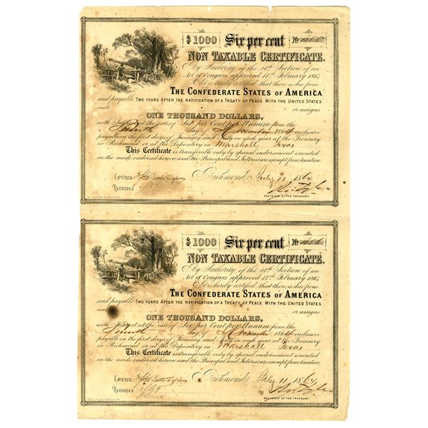 VA., & TX.  C.S.A., Non Taxable Certificate, Uncut $1000 Pair, 1864, Issued in Marshal, Texas