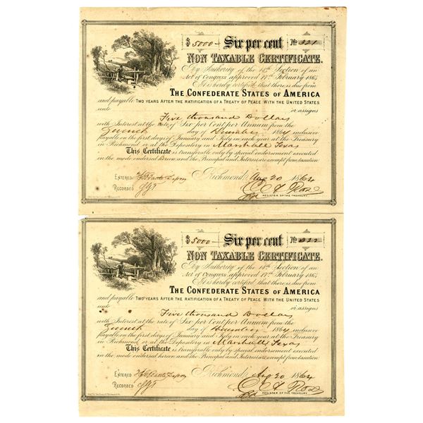 VA., & TX.  C.S.A., Non Taxable Certificate, Uncut $5000 Pair, 1864, Issued in Marshal, Texas