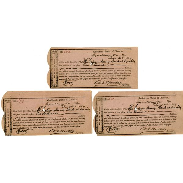 VA., C.S.A., 1864, I/C $1000, Interim Depository Receipt Trio