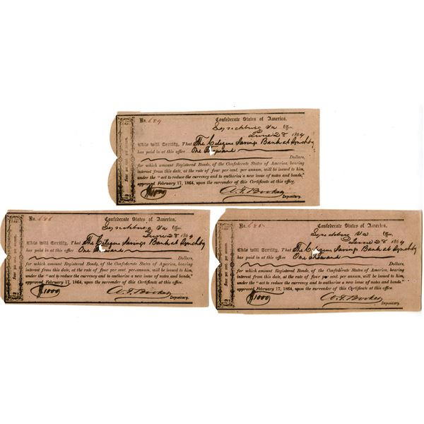 VA., C.S.A., 1864, Issued Sequential Stock Certificate Trio.