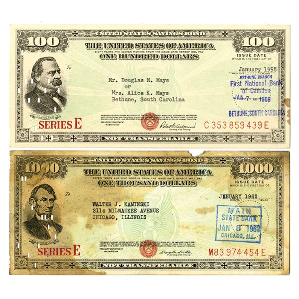U.S. Savings Bond, 1958 and 1962, "Series E"  Issued Pair.