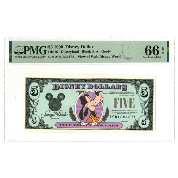 CA. FL. Disney Dollar, 1990, $5 Issued Banknote.