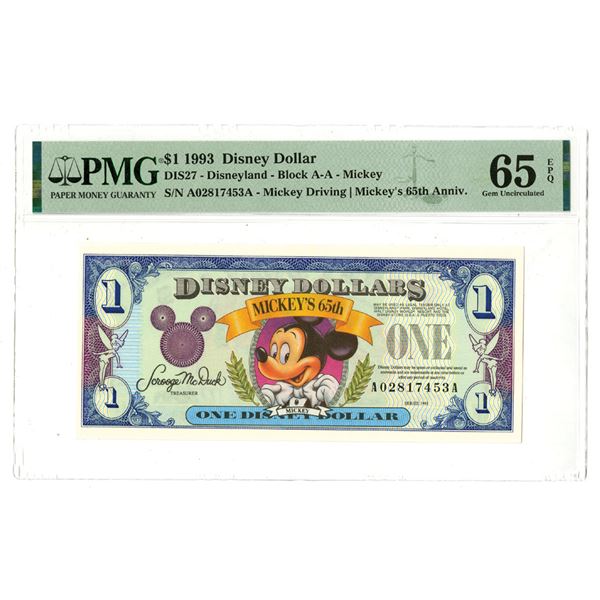 CA. FL. Disney Dollar, 1993, $1 Issued Banknote.
