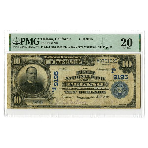 CA. First National Bank of Delano, California, $10 PB, Series of 1902, Ch# P-9195, Issued Banknote.