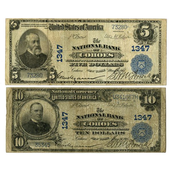 NY. National Bank of Cohoes, New York, $5 & $10, Series of 1902, Ch# 1347, Issued Banknote Pai.